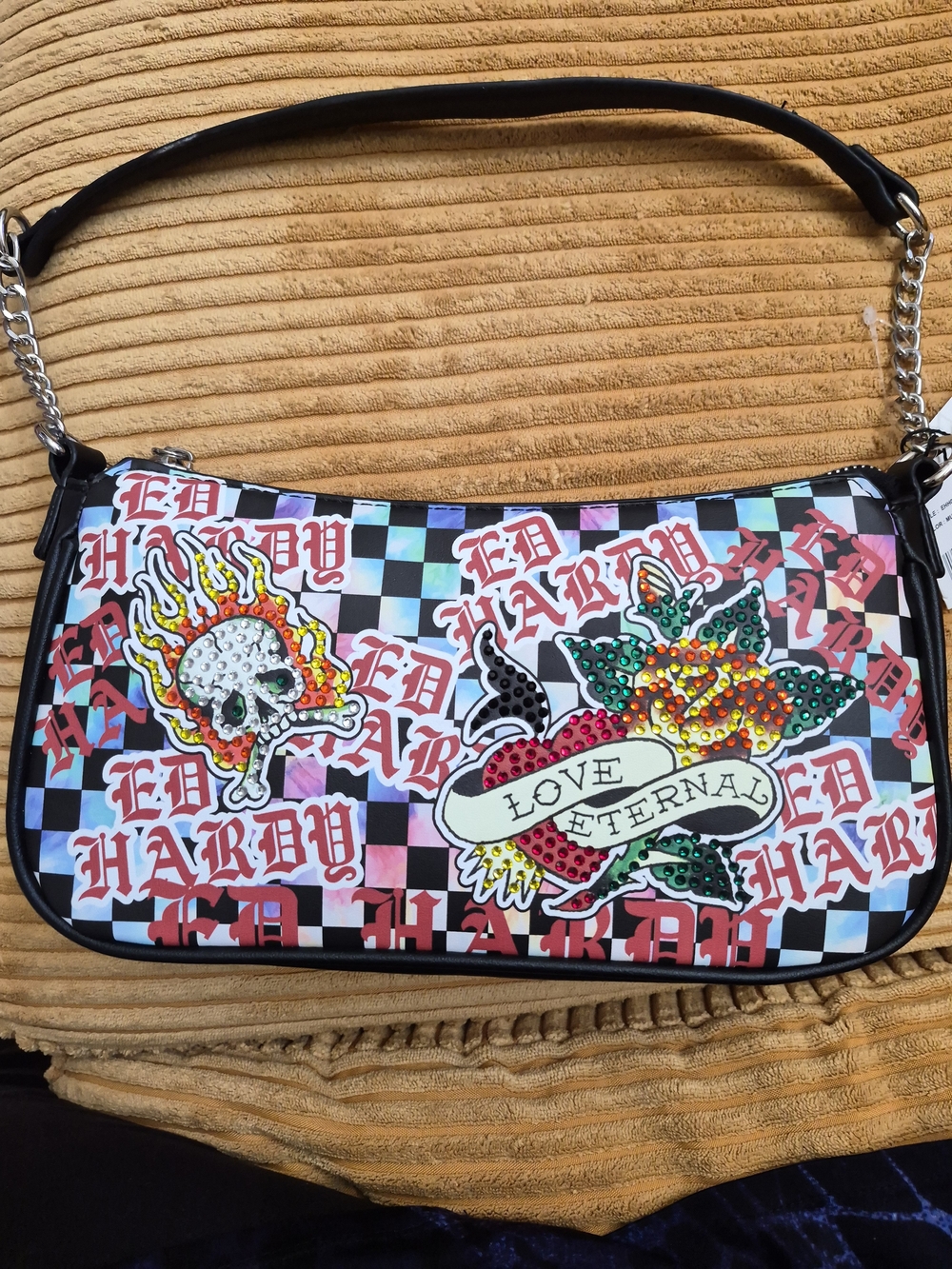 Ed Hardy Y2K Love Eternal Skull And Rose Shoulder Bag Rhinestone Baguette
